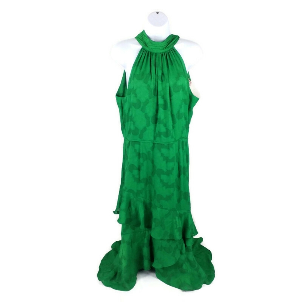 Alex Marie Tati Emerald Green Tiered Ruffle Tie Neck Halter Dress Womens 8